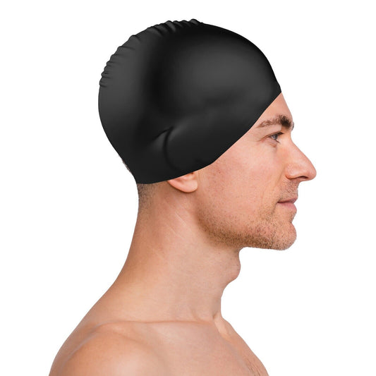 Black Swimming Cap Silicone Adult Mens Womens Large Waterproof Pool Swim Hat