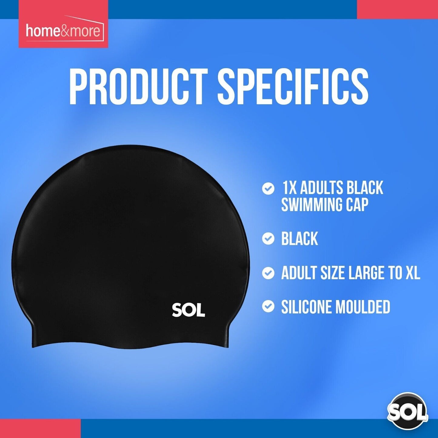 Black Swimming Cap Silicone Adult Mens Womens Large Waterproof Pool Swim Hat