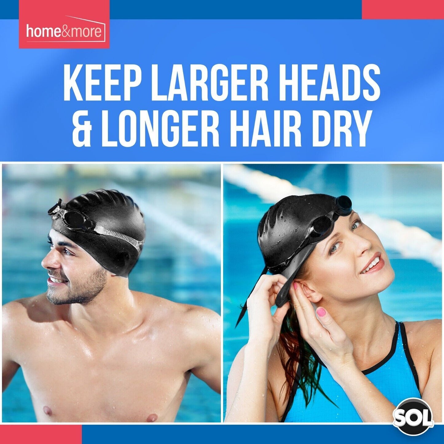 Black Swimming Cap Silicone Adult Mens Womens Large Waterproof Pool Swim Hat