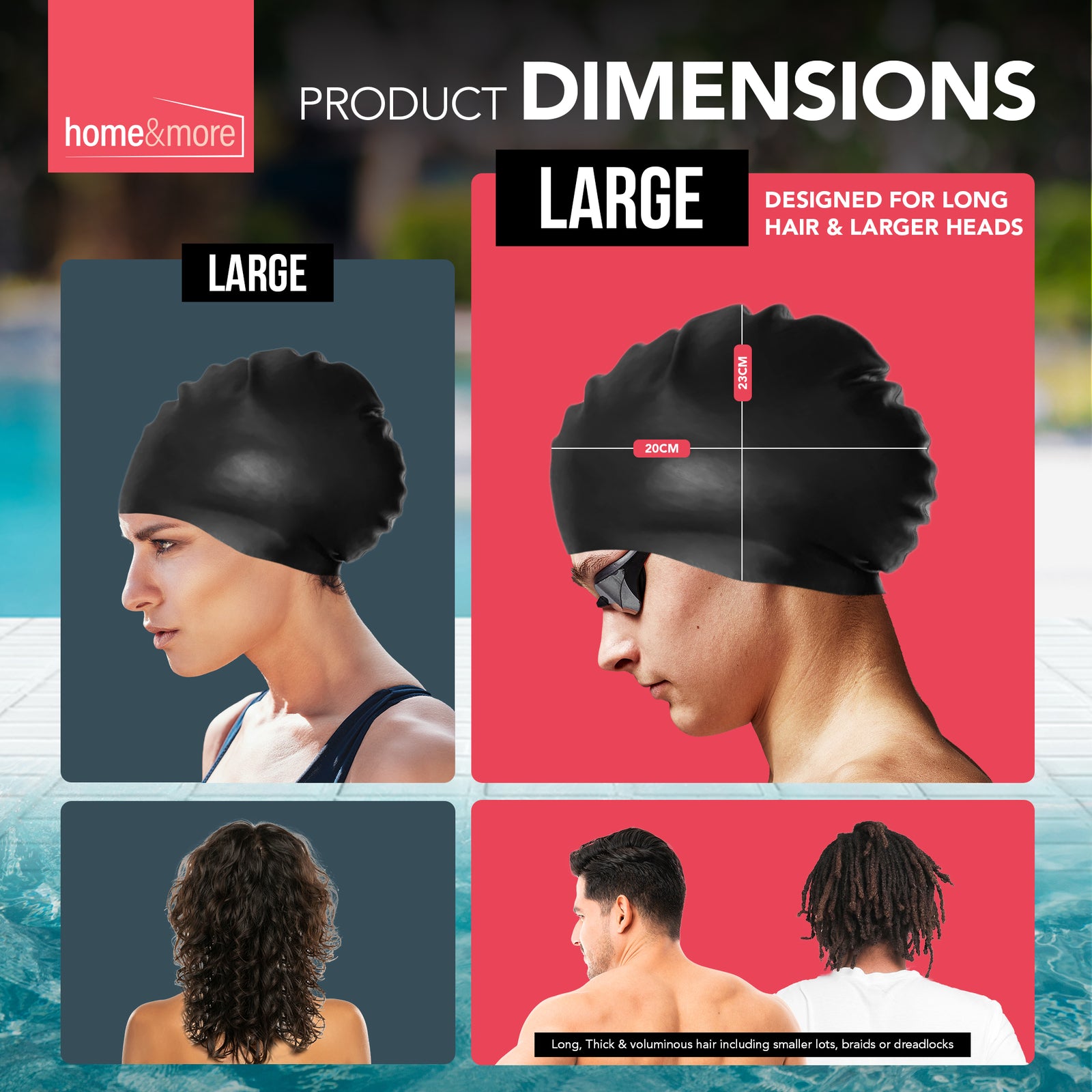 Black Swimming Cap Silicone Adult Mens Womens Large Waterproof Pool Swim Hat